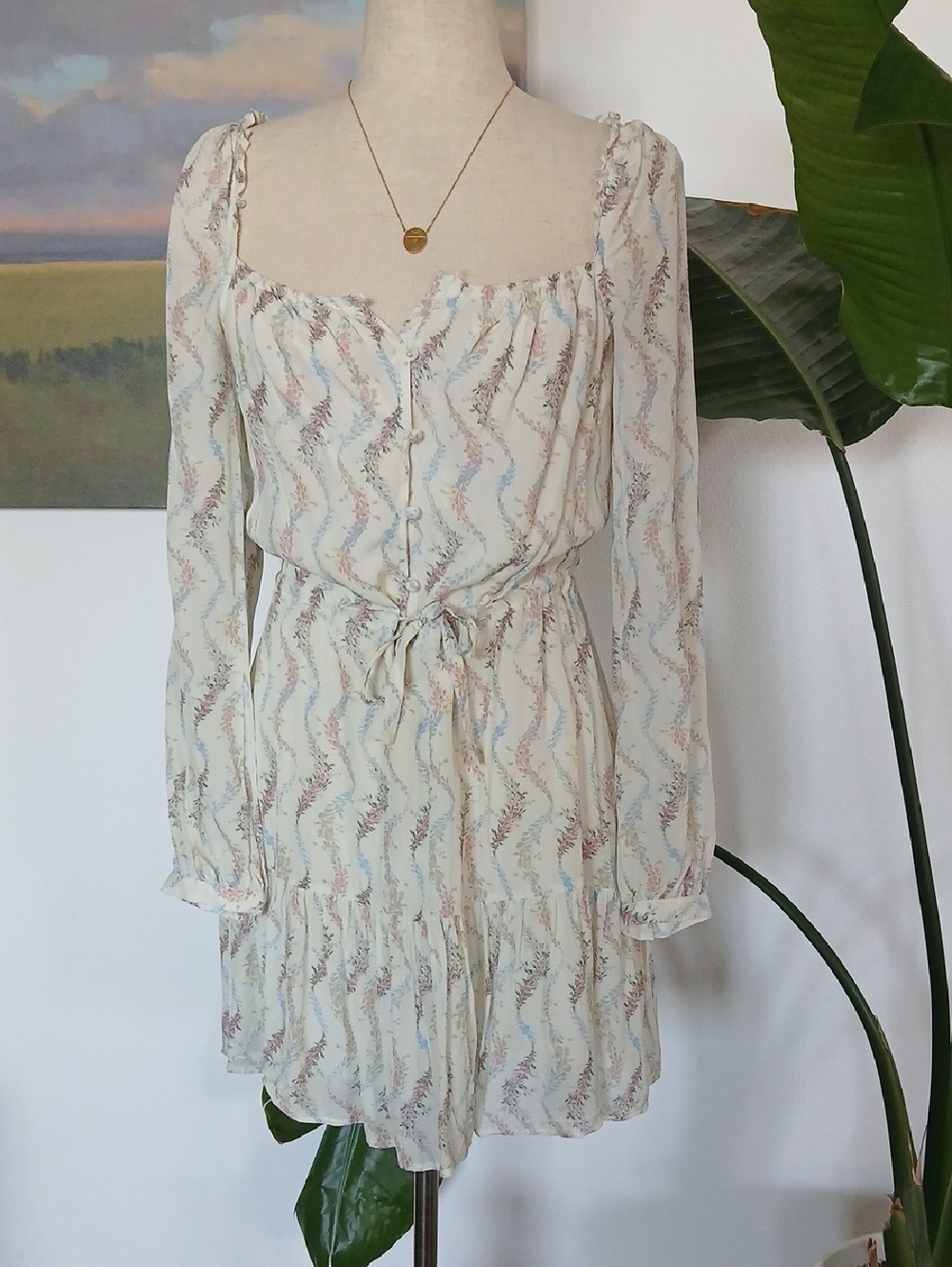 PAIGE Marjie Cream Floral Long Sleeve Tiered Mini Dress Sz6